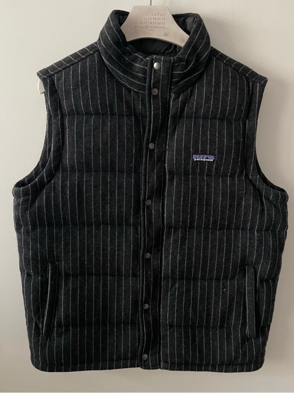 Patagonia Quilt Again Down Vest Men's Large Gray Wool Blend Striped Goose Down